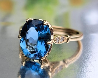 London Blue Topaz Ring, 14k Solid Gold, 4.60 Carat Natural Topaz Diamond Accent, 11x9 Oval Cut Topaz, Gemstone Jewelry, November Birthstone