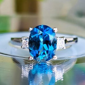 London Blue Topaz Diamond Ring, 14k Solid White, Yellow, Rose Gold, Natural Gemstone, 9x7mm Oval Cut, Three Stone Classic Jewelry, Handmade