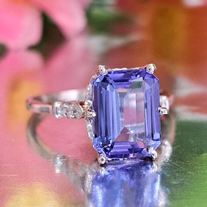 Blue Tanzanite Ring, 14k Solid Gold, 3.50 Carat Natural Tanzanite & Diamonds, 10x8 Emerald Cut
