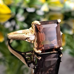 Brown Smoky Quartz Ring, 14k Solid Gold, 4.90 Carat Natural Smoky Quartz & Diamonds, 12x10 Emerald Cut Gemstone