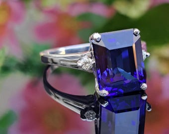 Blue Sapphire 14k Solid Gold Ring, 10x8mm Emerald Cut Lab-grown Sapphire, Natural Diamond Accents