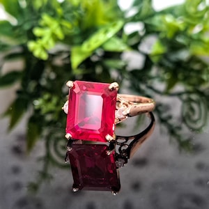 Ruby Ring, 14k Solid Gold, 12x10mm Emerald Cut Lab-grown Red Ruby, Natural Diamond Accents