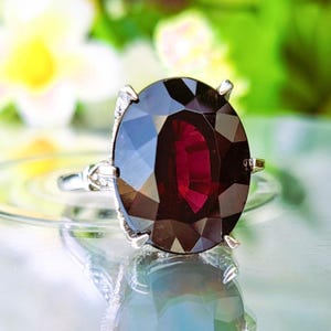 Garnet Ring, 14k Solid Gold, Natural Dark Red Garnet, Diamond Accents