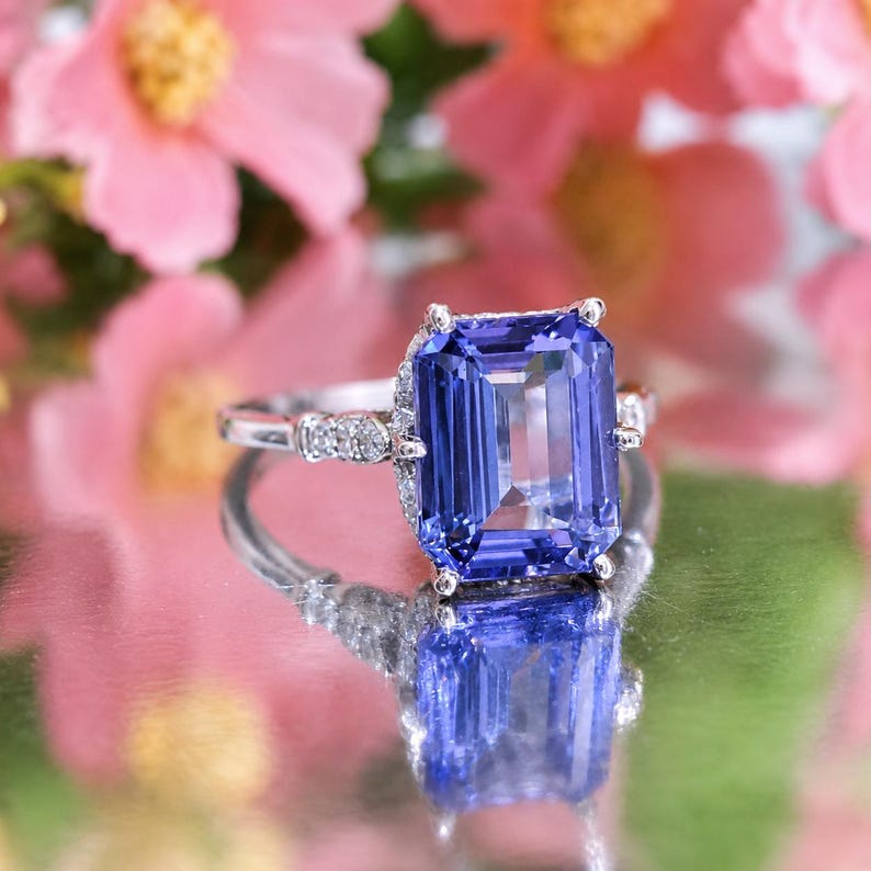 Blue Tanzanite Ring, 14k Solid Gold, Natural Tanzanite & Diamonds, Emerald Cut Gemstone