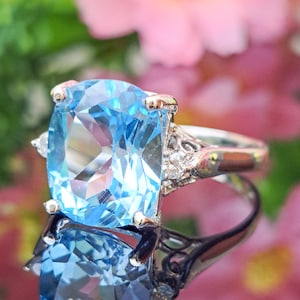 Sky Blue Topaz 14k Solid Gold Ring, Natural Topaz, 12x10 Cushion Cut, November Birthstone