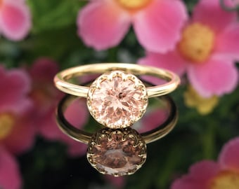 Natural Peach Morganite 14k Solid Gold Ring, Dainty Design, Modern October Birthstone