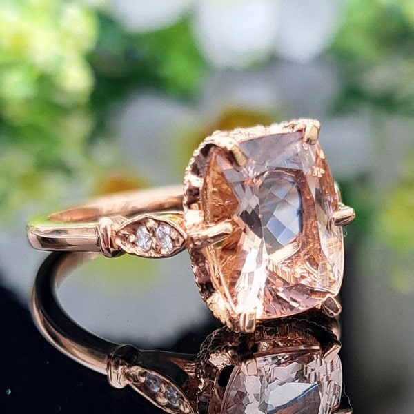 Cushion Morganite Ring * 14k Solid Gold * 2.60 Carat Natural Peach Morganite & Diamonds * Classic Ladies Jewelry * Anniversry Gift