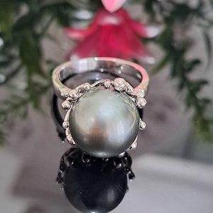Black Pearl 14k Solid Gold Ring, Large Cultured Pearl, Available White, Yellow, Rose Gold, Statement Jewelry, Unique design