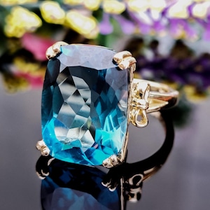 London Blue Topaz Ring, 14k Solid Gold, 12.50 Carat Natural Topaz, 16x12mm Cushion Cut, Anniversary Gift, Statement Birthstone Jewelry Gift