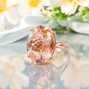 Natural Peach Morganite 14k Solid Gold Ring, Gemstone 16x12mm, Statement Jewelry