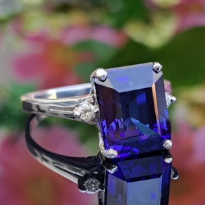 Sapphire 14k Solid Gold Ring: 10x8mm Lab-grown Dark Blue Sapphire. Natural Diamond Accents