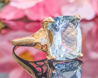 Aquamarine 14k Gold Ring, 5.40 Carat Natural Aquamarine & Diamonds, Available in 14k Solid Yellow, Rose, White Gold, Classic Jewelry, Gift