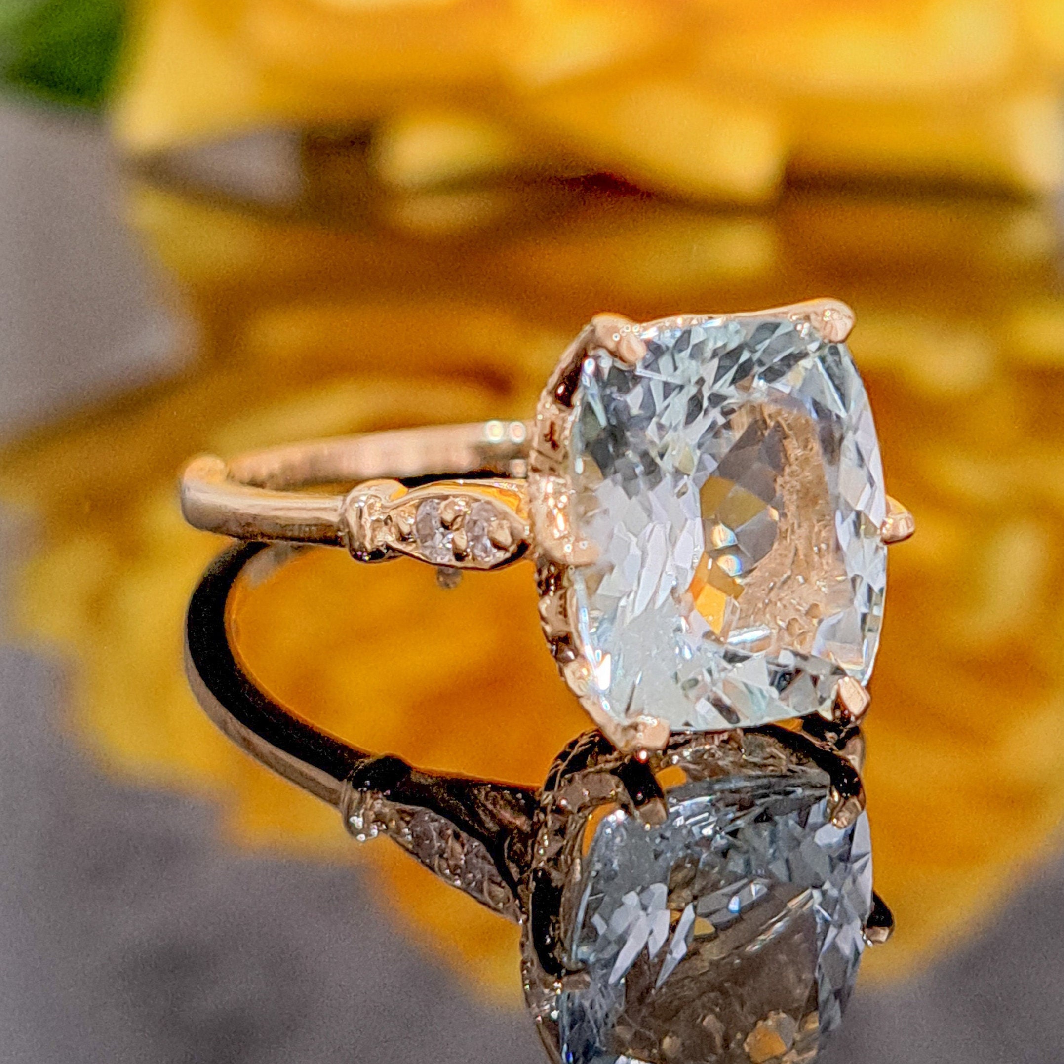 Aquamarine Ring, 14k Solid Gold, 2.88 Carat Natural Aquamarine & Diamonds, 10x8mm Cushion Gemstone