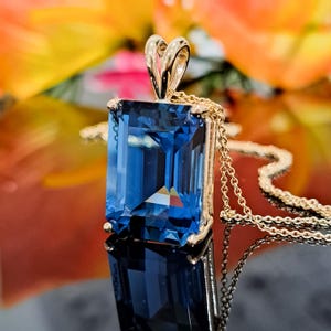 London Blue Topaz Necklace, 14k Solid Gold Pendant & Chain, 16x12 Emerald Cut Natural Topaz, November Birthstone Jewelry, Gift Ready for Her