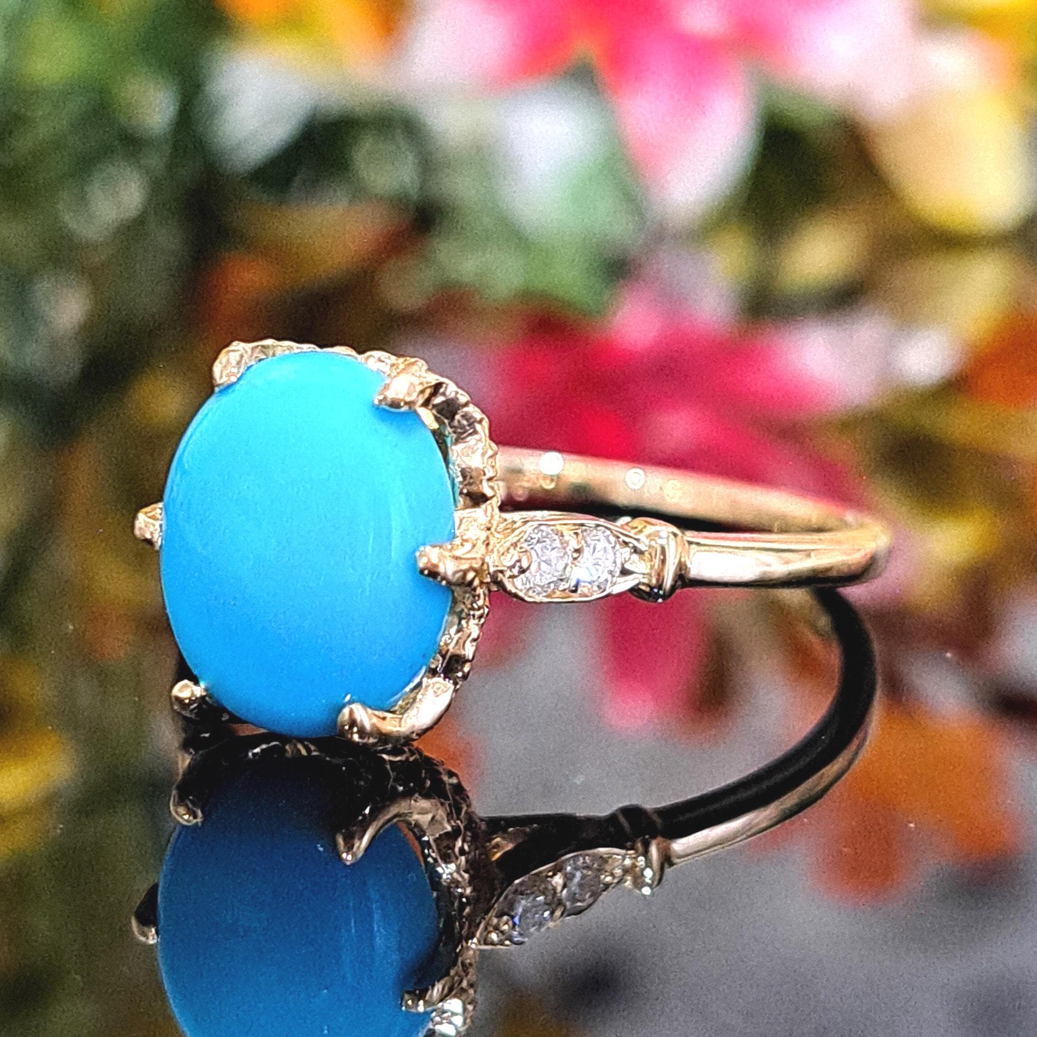 Turquoise Gold Ring, 14k Solid Gold, 3.60 Carat Natural Turquoise & Diamond Accents, December Birthstone, Anniversary Gift, Vintage Style