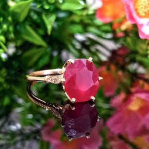 Red Ruby 14k Solid Gold Ring, 11x9 Lab-grown Gemstone, Natural Diamond Accents, July Birthstone