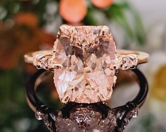 Cushion Morganite Ring, 14k Solid Gold, 3.20 Carat Natural Morganite & Diamonds, Engagement Ring, Handmade Anniversary Gift, June Birthstone