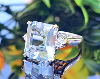 Aquamarine 14k Solid Gold Ring, 12x10mm Emerald Cut Natural Aquamarine, Diamond Accents