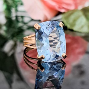 Sky Blue Topaz Ring: 14k Solid Gold, 10.80 Carat 16x12mm Cushion Natural Gemstone