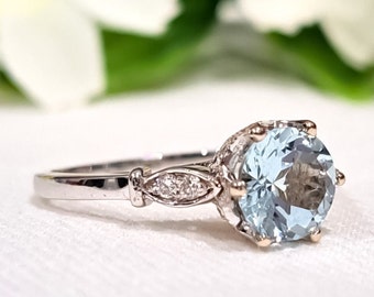 1.30 Carat Natural Aquamarine & Diamonds 14k Solid Gold Ring * 7mm Round Cut Gemstones * Classic Ladies Jewelry * March Birthstone