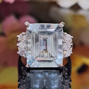 Aquamarine Ring, 14k Solid Gold, 5.50 Carat Natural Aquamarine & Diamonds, 12x10 Emerald Cut Gemstone
