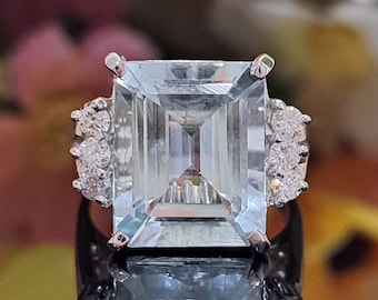 Aquamarine Ring, 14k Solid Gold, 5.50 Carat Natural Aquamarine &Diamonds, 12x10 Emerald Cut, March Birthstone Jewelry, Handmade Gift for Her