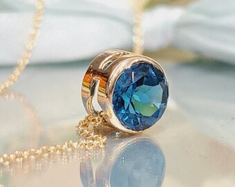 London Blue Topaz Necklace * 14k Solid Gold Pendant & Chain * 1.40 Carat Natural Topaz * November Birthstone * Charn Necklace