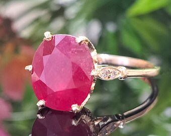 Ruby Gold Ring * 14k Solid Gold * 5.60 Carat Chatham Ruby & Natural Diamonds * Oval Cut Ruby * Anniversary Ring * Vintage Style