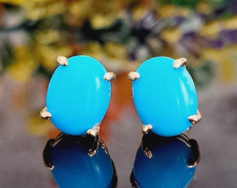 Turquoise Earrings, 14k Solid Gold, 9x7mm Oval Cut, Available alternative gemstones, Classic Studs, Anniversary Gift Idea, Fine Gold Jewelry