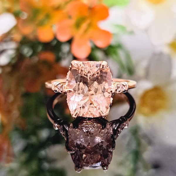 Cushion Morganite 14k Solid Gold Ring, Natural Peach Morganite & Diamonds, 10x8