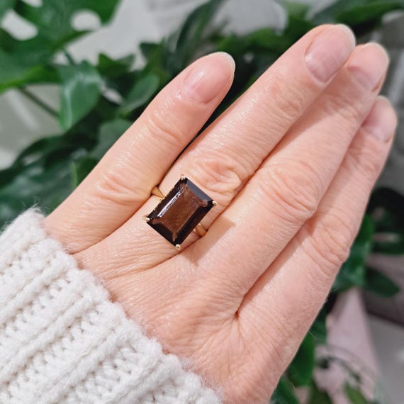 Smoky Quartz Ring, 14x10mm Emerald Cut Natural Brown Quartz