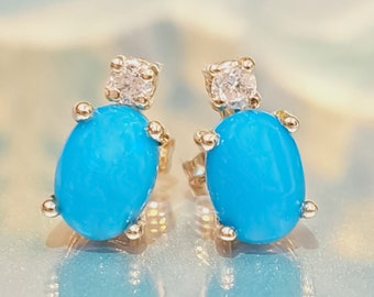 Turquoise Stud Earrings * 14k Solid Yellow, White Gold * 1.30 Carat Natural Blue Turquoise & Diamonds * December Birthstone