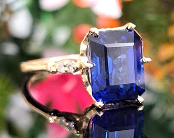 Dark Blue Sapphire Ring, 14k Solid Gold, 10x8mm Lab-grown Sapphire, Natural Diamond Accents