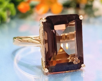 Smoky Topaz Ring * 14x10mm Emerald Cut Natural Brown Topaz * 14k Solid Gold * Classic Jewelry * Statement Ring * Anniversary Gift