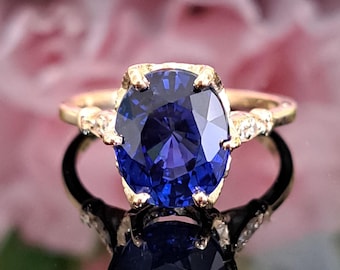 Blue Sapphire 14k Solid Gold Ring, 10x8mm Oval Lab-grown Dark Blue Sapphire, Natural diamond Accents