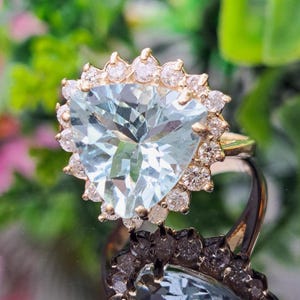 Aquamarine Ring, 14k Solid Gold, 4.40 Carat Natural Aquamarine & Diamond Halo, Trillion Cut