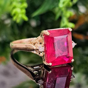 Ruby Ring, 14k Solid Gold, 12x10mm Emerald Cut Lab-grown Ruby, Natural Diamond Accents