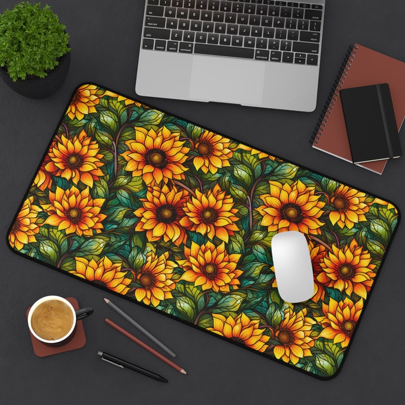 Stained Sunflower Desk Mat, Sunflower Mouse Pad, Sunflower Desk Decor