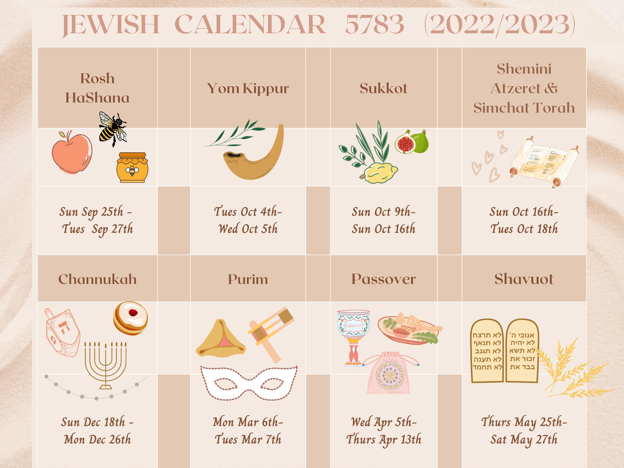 Jewish Calendar Print Out 5783 2022 2023 Etsy