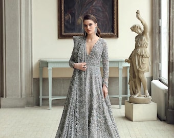 Embroidered Pakistani Indian Maxi Dress: Maria B Designer Lehenga, Wedding Wear, Heavy Embroidered,