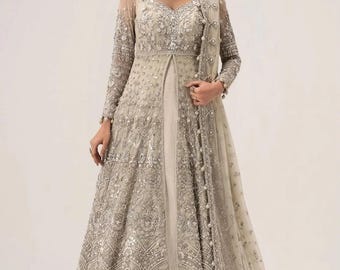 Custom Pakistani Bridal Maxi, Gold Embellished Wedding Outfit