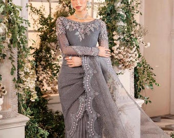 Embroidered Organza Saree Suit: Pakistani Indian Wedding Collection