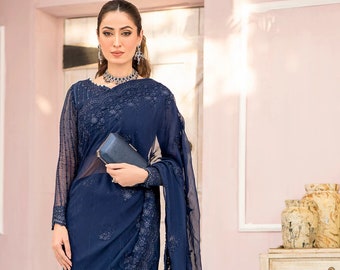 Embroidered Chiffon Saree : Pakistani Indian Wedding Dresses, Maria B, Nikkah Dresses, Bridal Outfit, Bridesmaid,