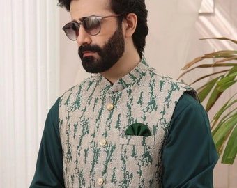 Men's Green Self-Print Waistcoat: Pakistani Indian Wedding Collection