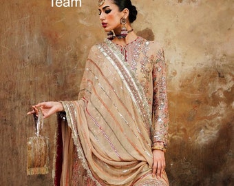 Embroidered Pakistani Lehenga Suit: Beige Gown, Party Wedding Wear