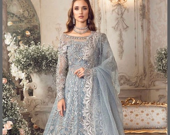 Ice Blue Organza Maxi Suit: Pakistani Wedding Gown, Hand Embroidery