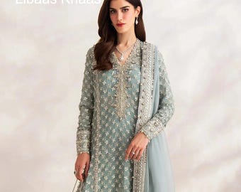 Custom stitch Pakistani indian wedding Dress, Embroidered Lehenga, Long sleeve Maxi, Nikkah Dress