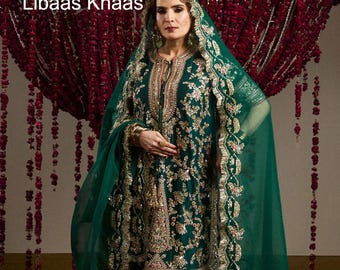 Emerald Green Pakistani Dress: Hand-Embroidered Raw Silk Wedding Outfit