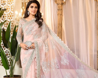 Embroidered Chiffon Saree : Pakistani Indian Wedding Dresses, Maria B, Nikkah Dress, Bridal Outfit,
