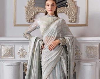 Custom Stitch Pakistani Indian Saree, Embroidered Chiffon Saree Suit, Heavy Embroidery,Wedding Wear, Readymade